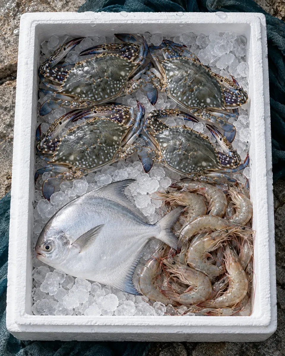 Crabs, fish and mantis shrimp in an insulated box