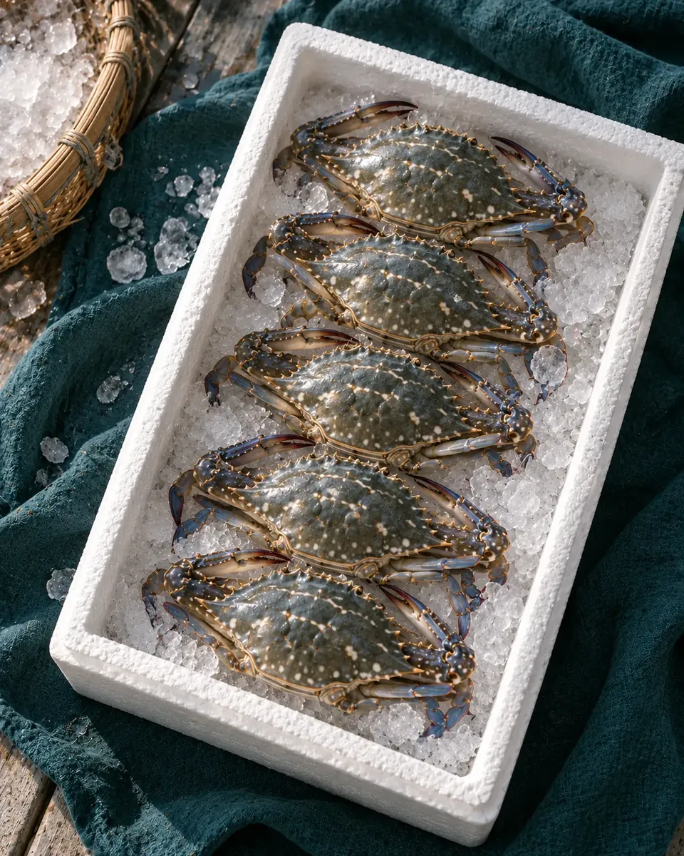 Raw swimming crabs neatly arranged on ice in an insulated box