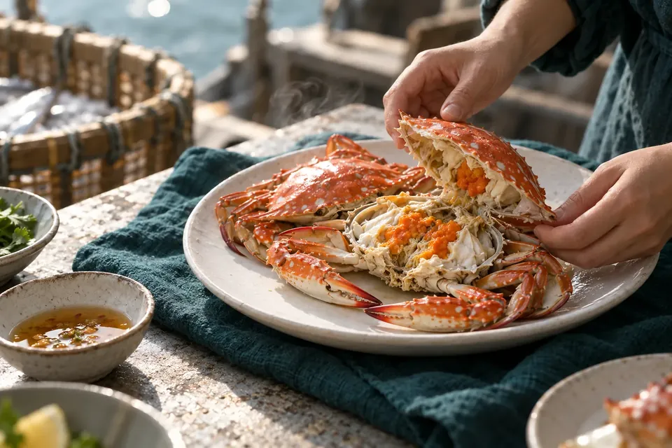 An opened swimming crab with orange roe — a Seaside Notes cover concept