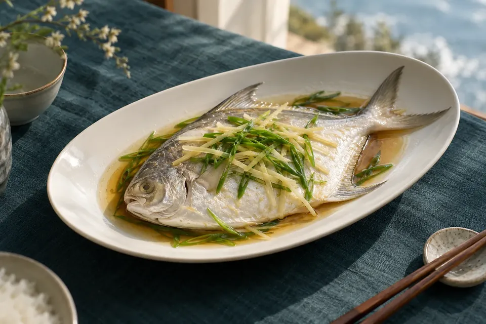 Steamed pomfret on a white plate — a Seaside Notes cover concept