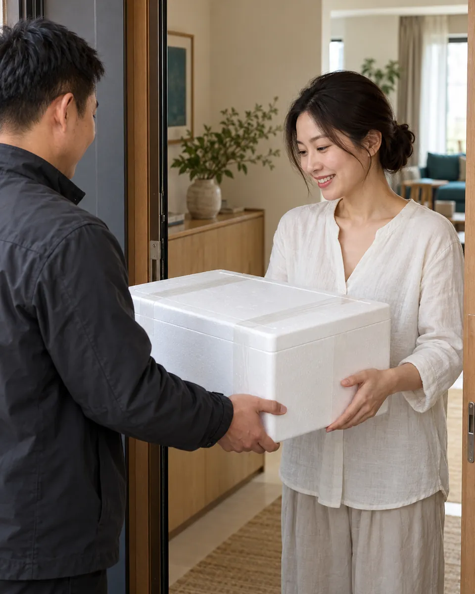 Receiving an insulated seafood box at the front door