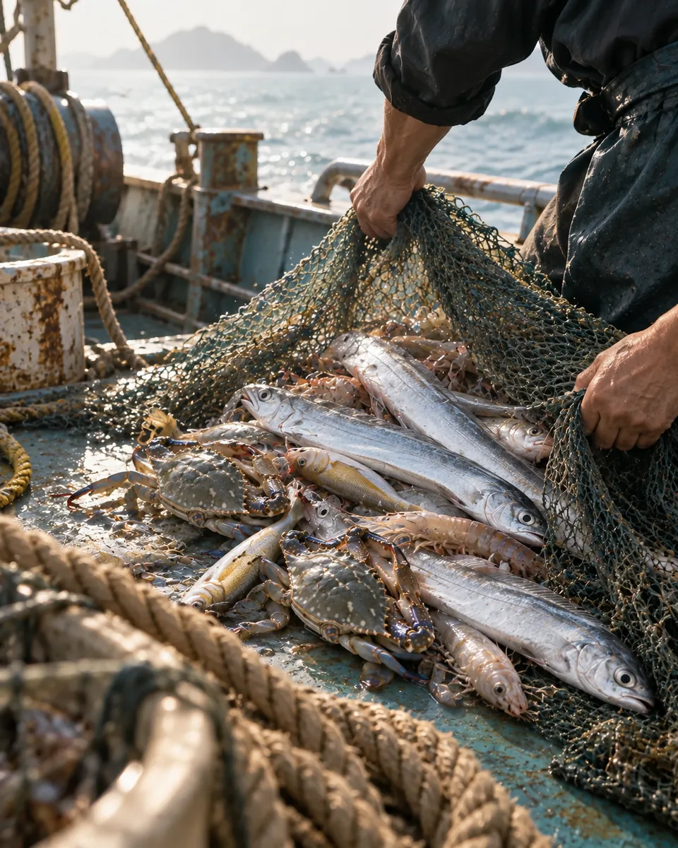 The catch coming aboard a fishing boat on the East China Sea