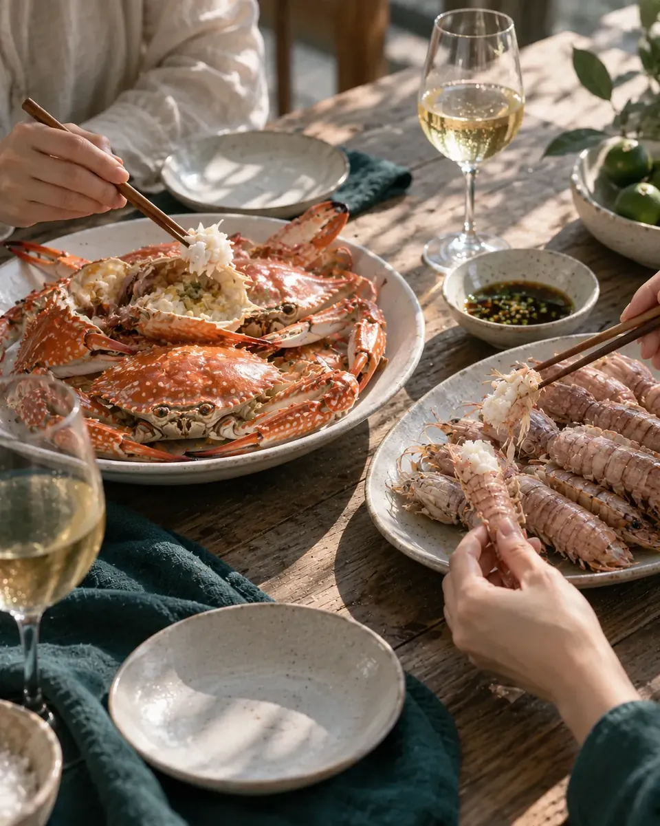 Steamed crabs, poached mantis shrimp and white wine on a home dining table
