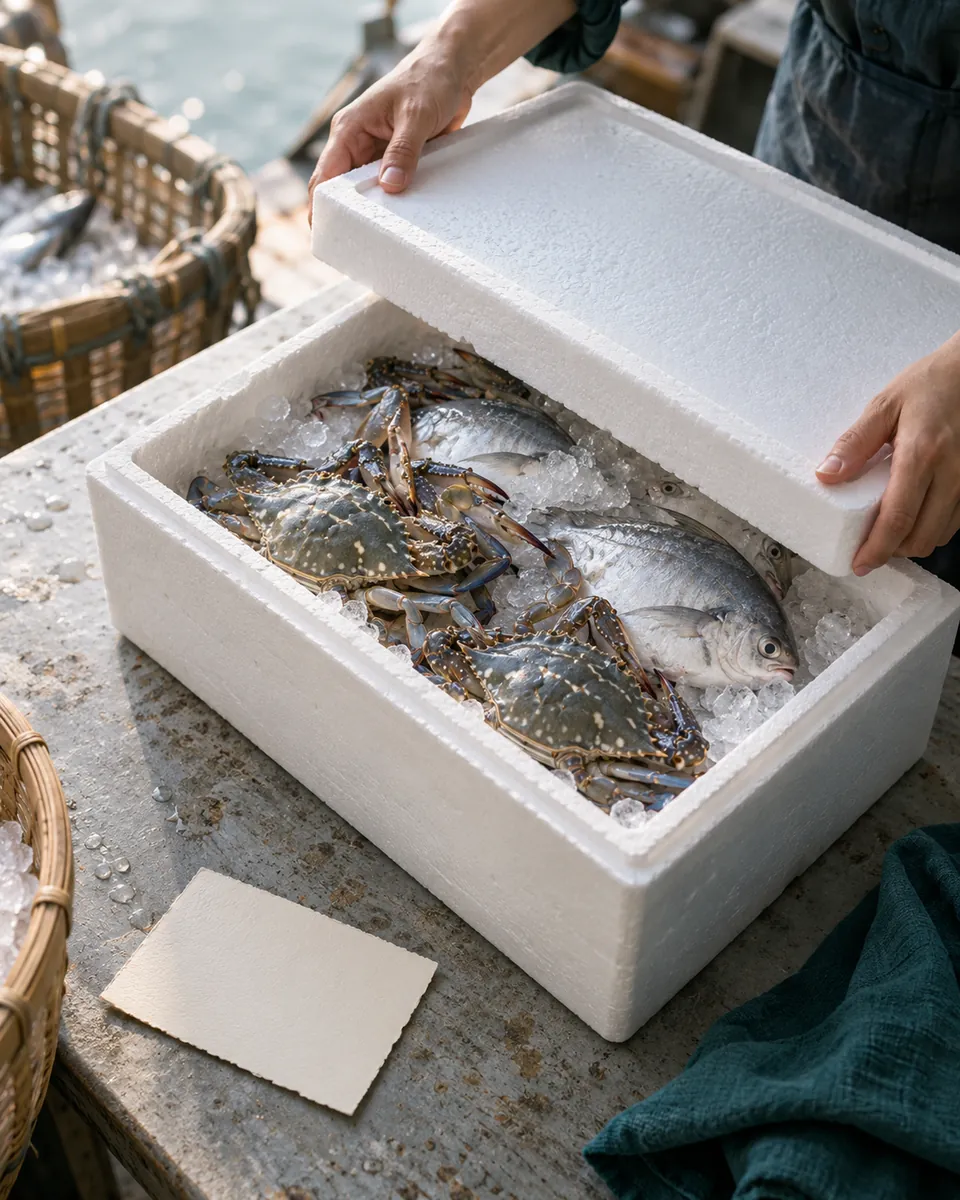 Whole seafood being packed with crushed ice in an insulated box